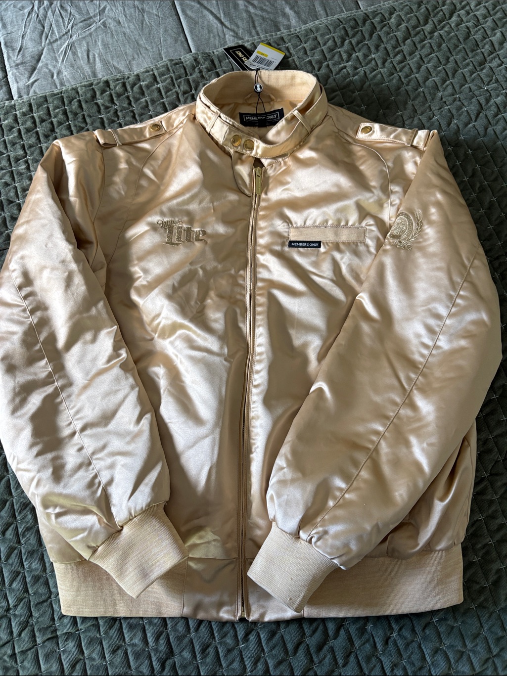 Miller Lite Members Only Metallic Champagne Satin Bomber Jacket